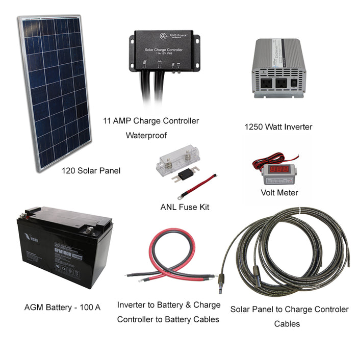 AIMS Power Solar Kit 120 W Solar | 1250 W Inverter | 100 A Battery