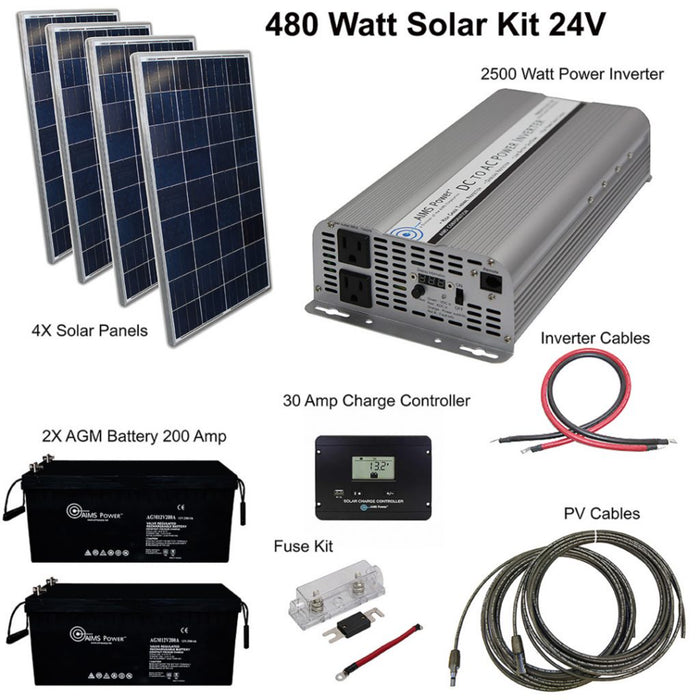 AIMS Power Solar Kit 480 W Solar | 2500 W Inverter 24V | 200 A Batteries