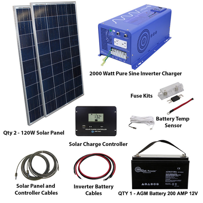 AIMS Power Solar Kit 240 W Solar | 2000 W Pure Sine Inverter Charger | 200 A Battery