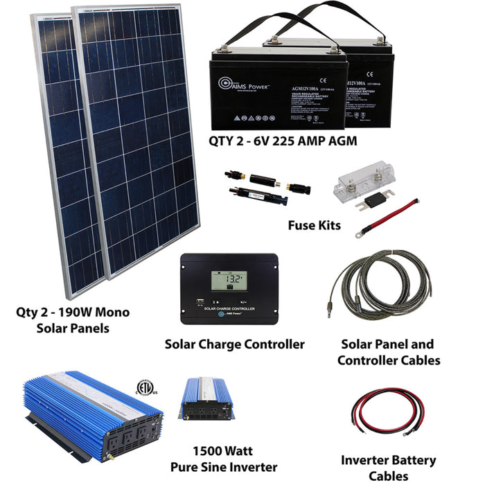 AIMS Power Solar Kit 380 W Solar | 1500 W Pure Sine Inverter | 225 A Batteries