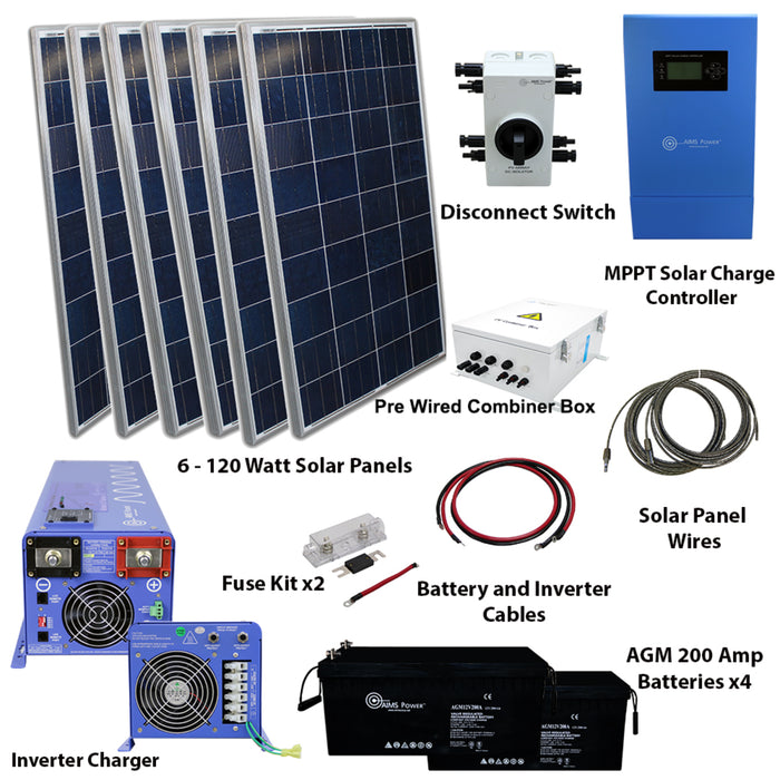 AIMS Power Solar Kit 720 W Solar | 4000 W Pure Sine Inverter Charger 120/240VAC 48VDC | 200 A Batteries